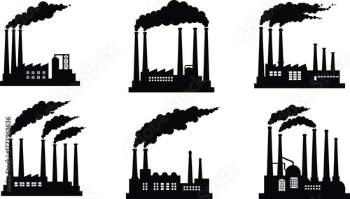 Industrial factory silhouettes with chimneys and smoke emissions, power plant pollution, heavy industry buildings, environmental impact, air contamination illustration