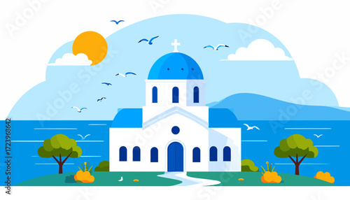 A picturesque Greek island church, bathed in sunshine, overlooks a calm sea, with birds flying overhead.