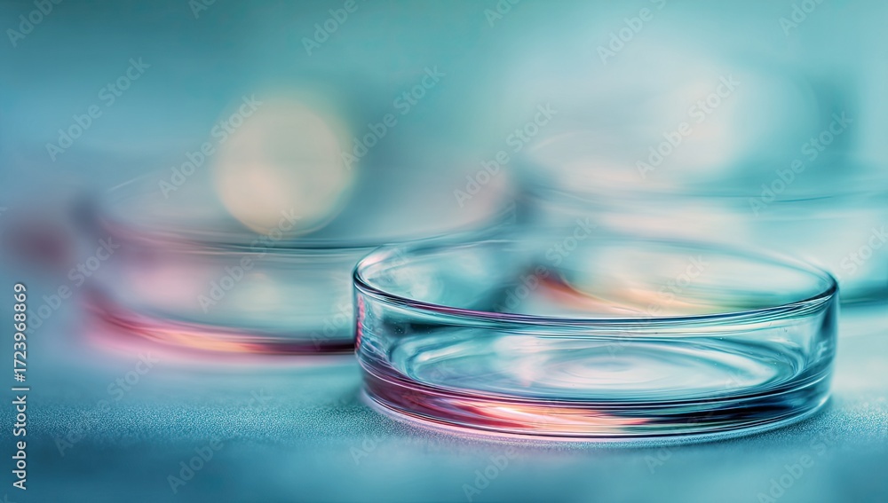 Naklejka premium Empty glass petri dishes on a soft-focus teal surface