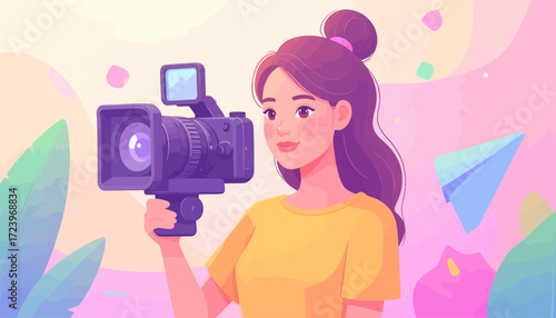 Young woman holding a professional video camera, ready to film, surrounded by pastel-colored elements.