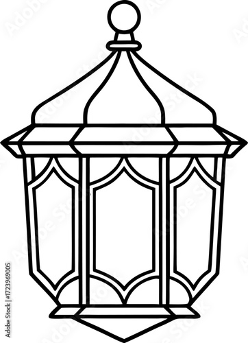 Line Art of Lantern with Intricate Border Isolated Vector, Decorative Folk Lantern Outline Illustration, Hand Drawn Traditional Lantern with Detailed Design, Ethnic Ornamental Lantern Line Drawing