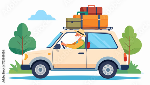 Elderly man driving a car with luggage strapped to the roof rack, trees and clouds in the background.