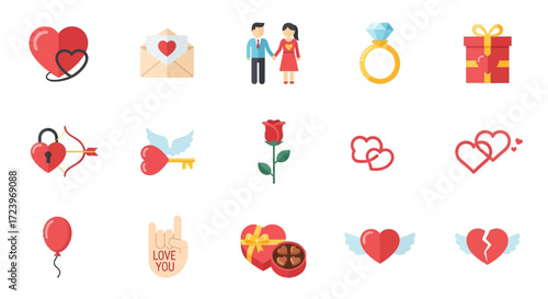 Collection of Valentines Day icons and symbols of love and romance.