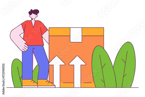 Man standing next to a large orange shipping box with up arrows