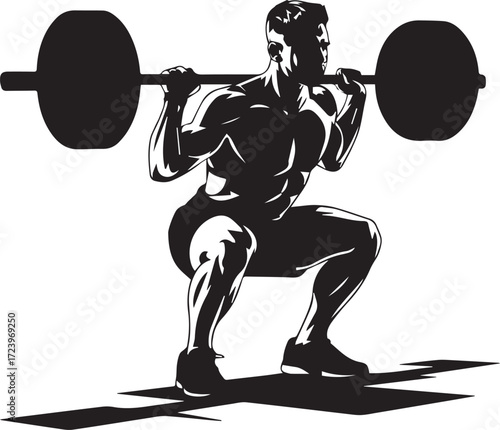 Muscular fitness athlete performing a heavy barbell squat silhouette exercise strength training