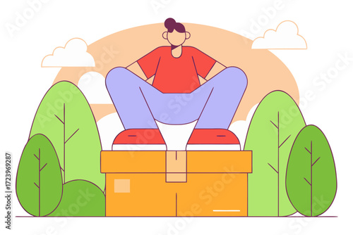Person meditating on a delivery box surrounded by nature