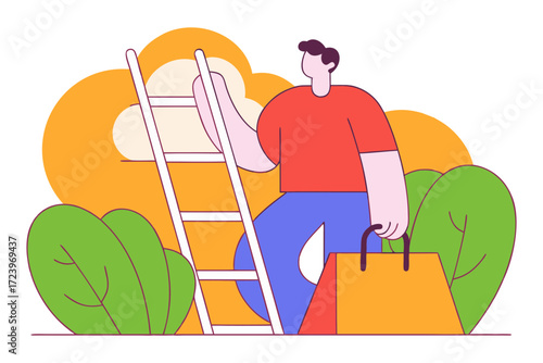 Man with ladder and shopping bag reaching for clouds