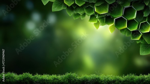 Green Hexagonal Pattern with Leaves and Blurred Background for Natural and Eco-Friendly Themes