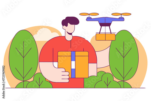 Man holding package with drone delivery in background