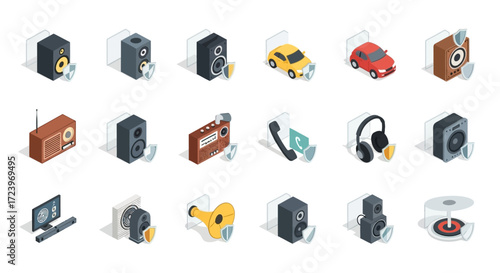 Collection of various electronic devices and gadgets in isometric view.