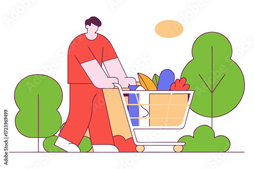 Man pushing shopping cart filled with groceries outdoors