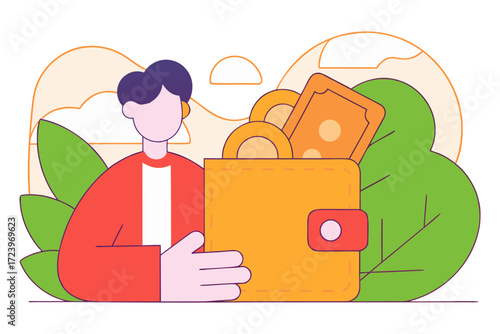 Person holding a wallet full of cash and coins illustration