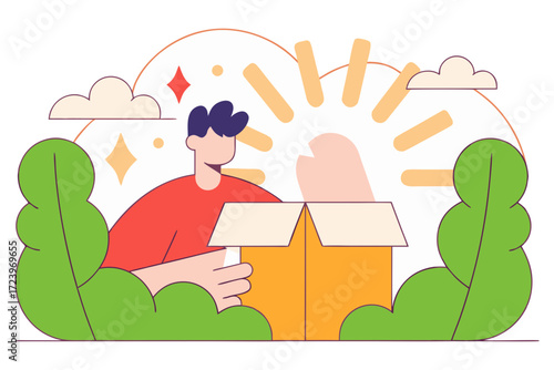 Man opening a surprise gift box with bright light and sparkles