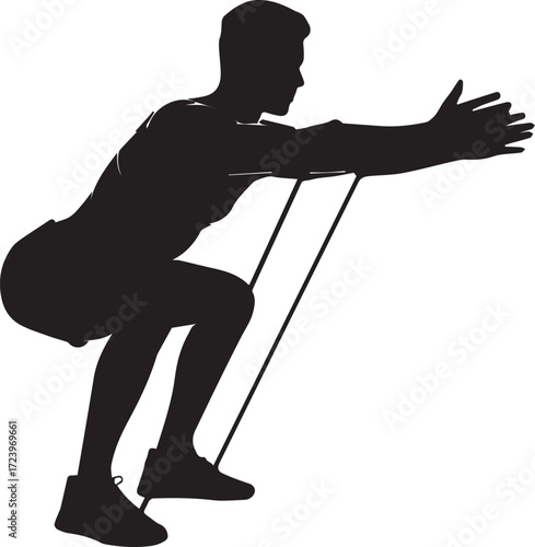 Silhouette of a fitness athlete performing resistance band squats for a powerful workout session.