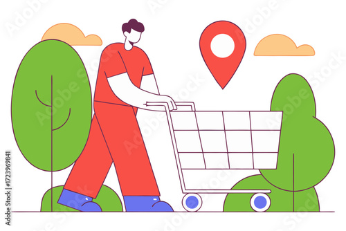 Man pushing shopping cart towards location pin among trees