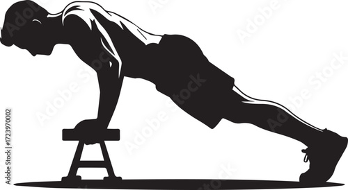 Muscular fitness athlete silhouette performing elevated push-ups for intense workout strength training