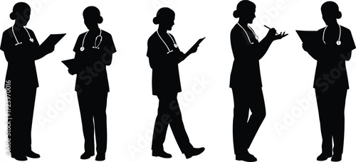 doctor, nurse, medical, professional, healthcare, silhouette, uniform, stethoscope, clipboard, tablet, walk, stand, pose, icon, vector, illustration, black, white, hospital, design