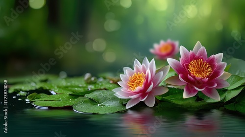Beautiful Water Lilies with Vibrant Colors Surrounded by Greenery and Reflections in a Calm Pond