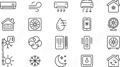 Set of line icons representing air conditioning and climate control symbols in minimalist outline style black vector illustration.
