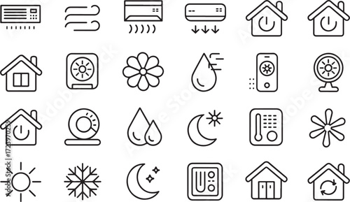 Set of line icons representing air conditioning and climate control symbols in minimalist outline style black vector illustration.