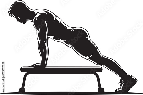 Fitness athlete silhouette performing push-ups on parallel bars for strength training exercise