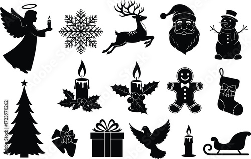 Christmas silhouette vector set, festive holiday icons, Santa, snowman, angel, tree, gift, candle, reindeer, dove, gingerbread, sleigh, hearts, snowflake