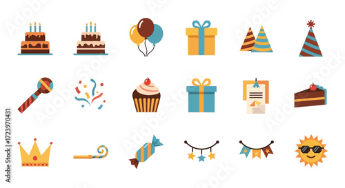 Collection of vibrant birthday celebration icons and party elements.