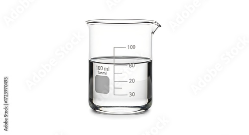A clear liquid fills a glass beaker with volume markings, suggesting a scientific experiment or laboratory setting.