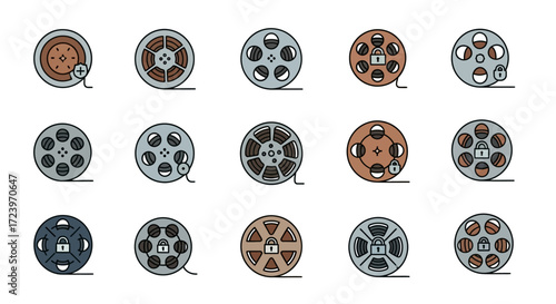 Collection of vintage film reels with detailed spools and film strips.