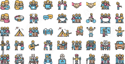 Vibrant vector icons showcasing social connections, collaborative efforts, and diverse human experiences in everyday life