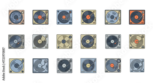 Collection of vintage record players arranged in a grid pattern, top view.