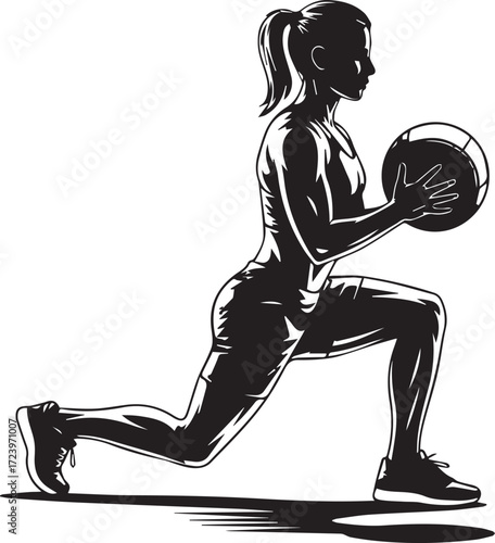 Fit woman silhouette performing lunge exercise with medicine ball dynamic fitness training movement