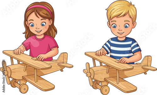 Smiling children playing with wooden airplanes, boy and girl holding toy planes, cartoon illustration of kids enjoying creative playtime activity