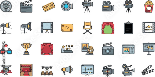 Vibrant icon collection capturing the essence of film production, cinema, and entertainment, representing creative milestones and the pursuit of success