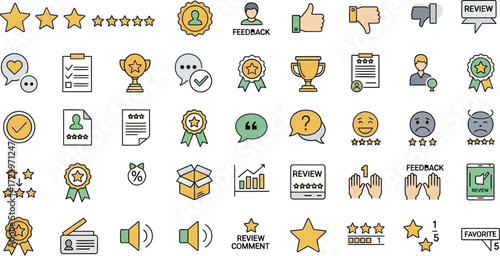 Set of review and rating icons representing customer feedback, satisfaction, and evaluation