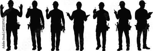 Construction workers silhouettes, hard hats, tools, teamwork, safety, industrial labor, vector illustration for training, infrastructure, engineering, and building site content