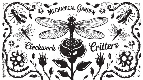 Clockwork critters and mechanical garden elements including dragonflies and roses create a steampunk aesthetic representing intricate design and Victorian-era craftsmanship