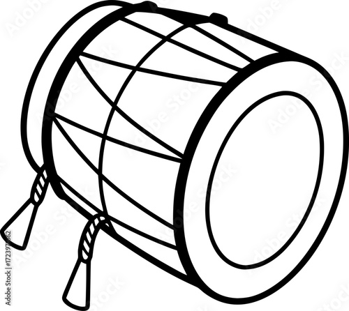 Line Art of Dhol Side View with Ropes Isolated on White Vector, Traditional Folk Dhol Drum Outline Illustration, Minimal Rope Tied Dhol Percussion Instrument Line Drawing, Cultural Music Instrument 