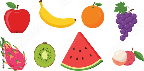 Tropical and Exotic Fruit Collection Featuring Apple, Banana, Orange, Grapes, Dragon Fruit, Kiwi, Watermelon, and Lychee Illustrations