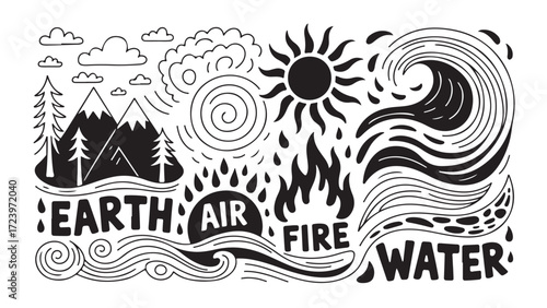 Hand-drawn illustration of four elements earth air fire and water representing nature balance and harmony