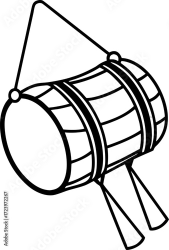 Simple Line Art of Dhol Hanging on Shoulder Strap Isolated Vector Illustration, Traditional Folk Drum Outline in Minimal Style, Hand Drawn Percussion Instrument Line Drawing Vector, Ethnic Musical 