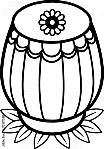 Line Drawing of Tabla with Floral Decorations Isolated Vector Illustration, Minimal Line Art of Traditional Indian Percussion Instrument, Hand Drawn Decorative Tabla Outline, Cultural Festival Music 