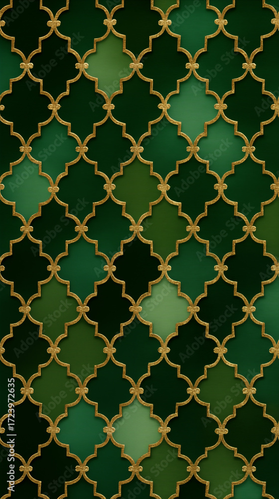 Fototapeta premium A luxurious pattern featuring an elegant Moroccan-inspired lattice design in gold over a deep emerald green backdrop. Perfect for digital wallpaper, textiles, invitations or decorative prints