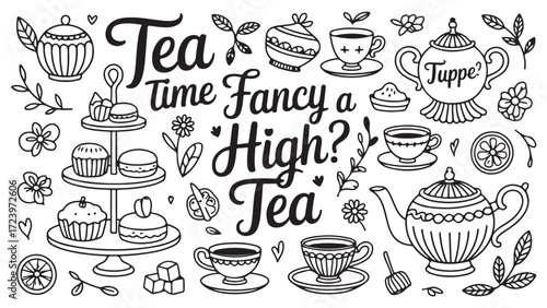 A delightful collection of hand-drawn tea time elements including teacups teapots cakes and sugar perfect for vintage designs and branding