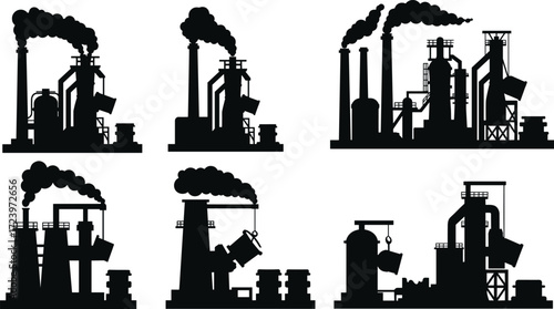 Steel factory silhouettes with chimneys, blast furnaces, heavy industry plants, smoke pollution, metallurgy, smelting, foundry production, industrial manufacturing vector illustration