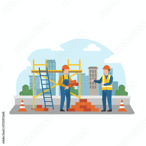 The construction crew sets up scaffolding for the tall building