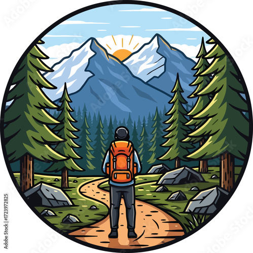 Explorer on Forest Path Looking at Snowy Mountains