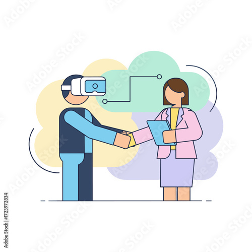 Flat illustration of a video meeting in virtual reality, set against a white background