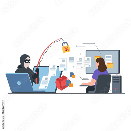 Concept of an email phishing attack illustration: a flat illustration set against a white background