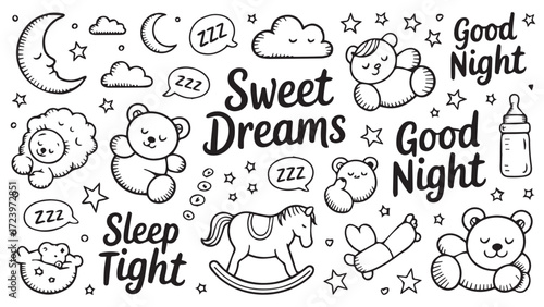 Sweet dreams good night adorable hand-drawn illustrations of teddy bears a rocking horse and a pacifier perfect for childrens bedtime stories and products